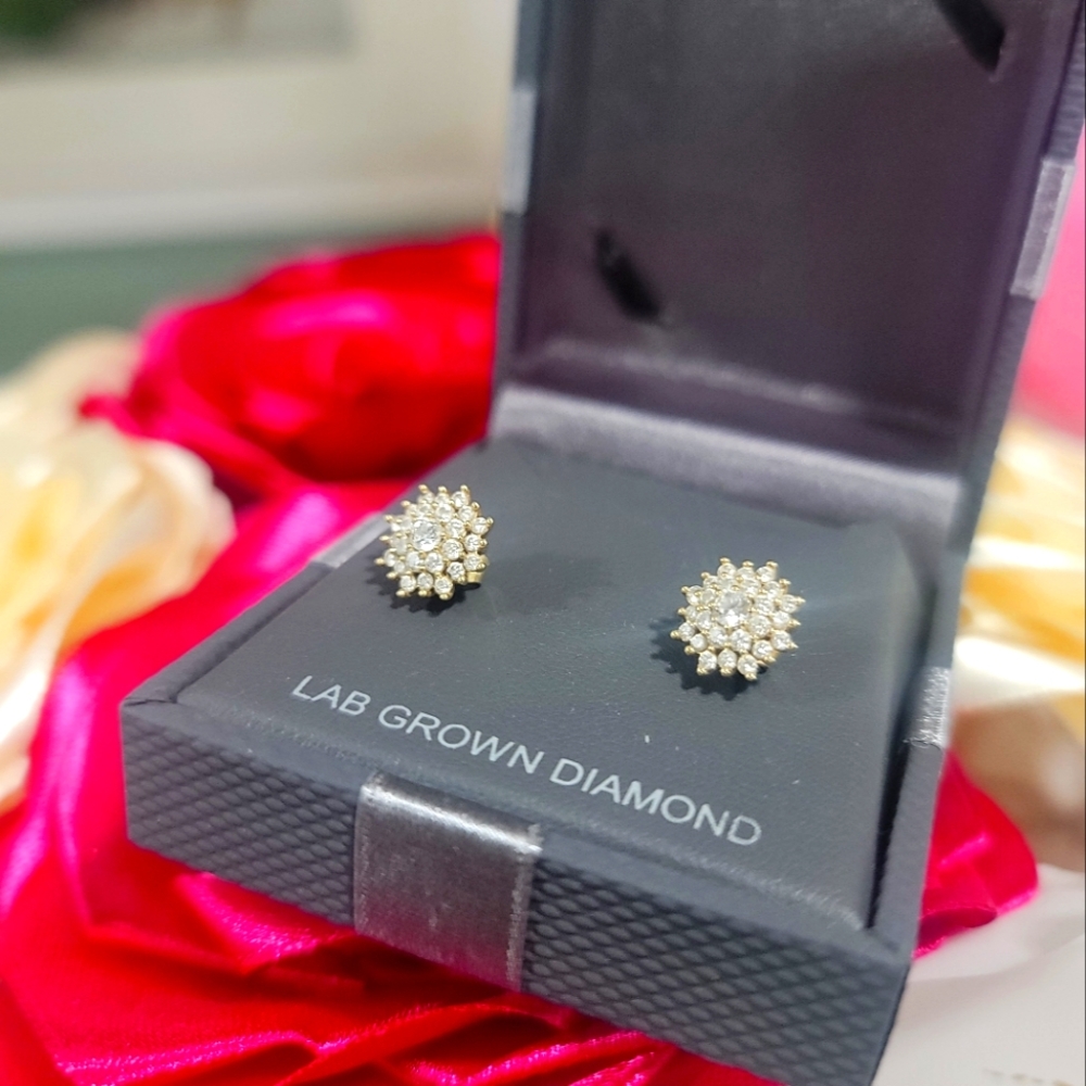 10k Sunburst Lab Grown Diamond Earrings - Picture 3 of 4